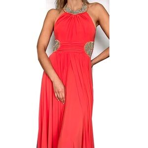 Chic Strapless Coral Dress with Beaded Accents